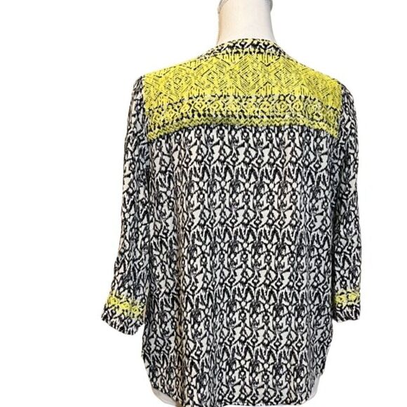 THML Embroidered Blouse Black and White with Neon Yellow Detail Size Medium - Picture 4 of 10